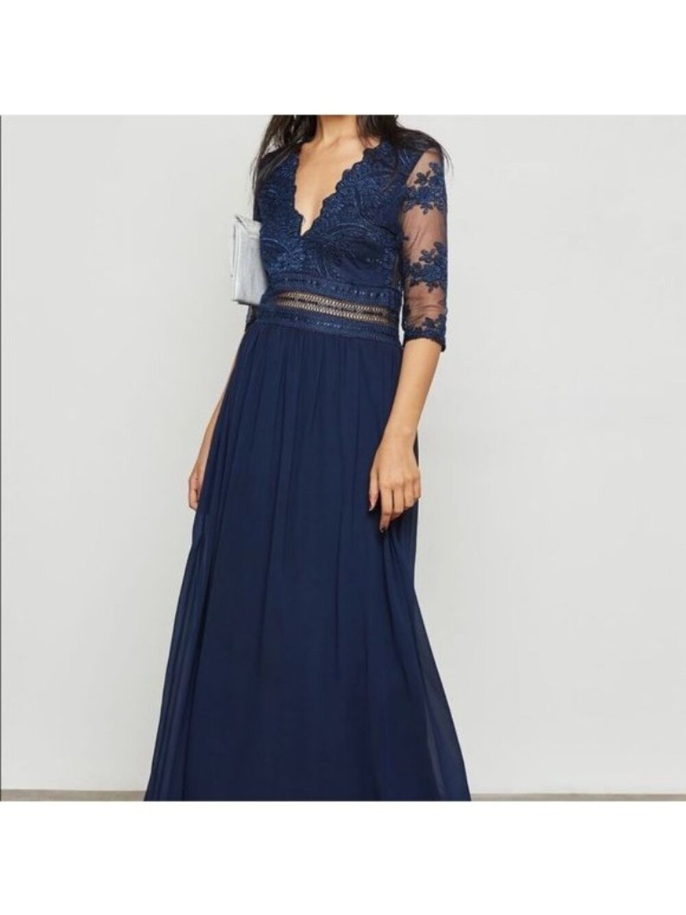 Soieblu Evening Gown Medium Lace Elbow Sleeve Navy Blue Bridesmaid Wedding NEW